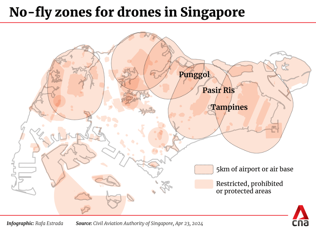 No-fly zones for drones in SG using Onemap